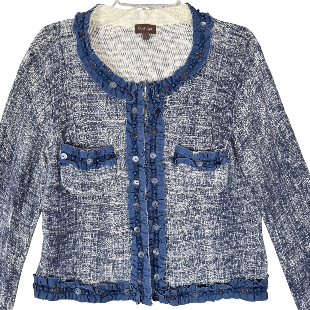 Phase Eight Marled Knit Ruffle Beaded Navy Blue White 100 Cotton Cardigan Sz 10